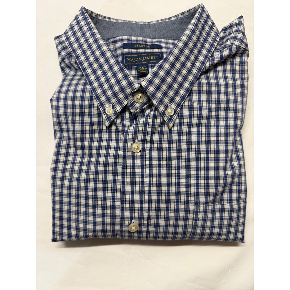 Mason James Mens XXL Blue White Plaid Stretch Button Down Shirt Long Sleeve